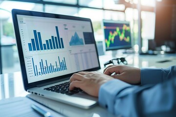 businessman analyzing business diagram and marketing statistics on laptop monitor in the office