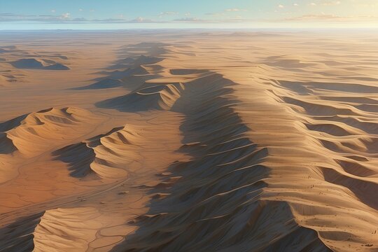  Aerial view of a vast, undulating desert landscape with rippling sand dunes stretching to the horizon