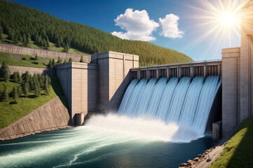 Photo of modern giant dam, hydroelectric power station. Hydro electrification concept. Copy ad text space