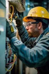Fototapeta premium Electrician Working on Control Panel Safety Gear