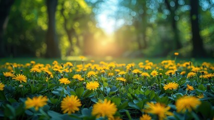 Obraz premium Landscape of young lush green grass with blooming dandelions Beautiful spring natural background.