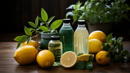 Fresh lemons and lemon juice in glass bottles with green leaves on wooden table