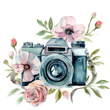 Watercolor retro camera in flowers and plants. Vintage photo camera on white background for print, logo, cards, wedding invitations, tattoo. Watercolor illustration.