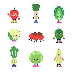 Cute cartoon vegetables set, part 5. Peppers, lettuce, cauliflower & other.
