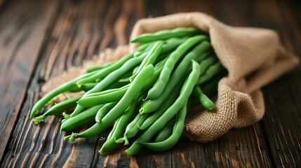 Close up of fresh Green Beans on a rustic wooden Table