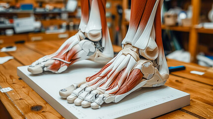 A detailed scene showing the application of biomechanics in designing prosthetic limbs, with an overlay of muscle and bone structure for educational insight - obrazy, fototapety, plakaty