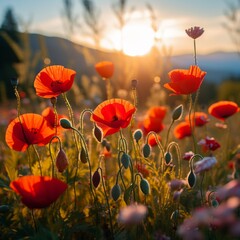 Field of red poppies at sunset with a beautiful sunset in the background