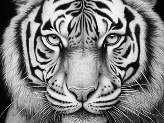 A black and white drawing of a tiger with its eyes open