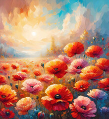 Valley of blooming red poppies - obrazy, fototapety, plakaty