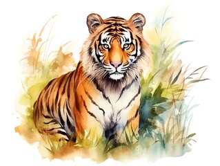 A tiger is sitting in the grass with its eyes closed