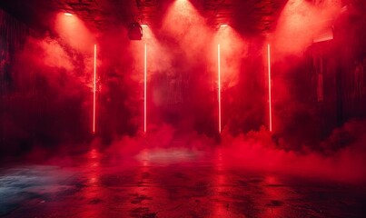 The dark stage shows, dark red background, an empty dark scene, neon light, and spotlights The...