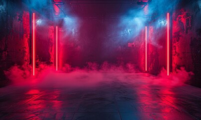 The dark stage shows, dark red background, an empty dark scene, neon light, and spotlights The concrete floor and studio room with smoke float up the interior texture for display, Generative AI - obrazy, fototapety, plakaty