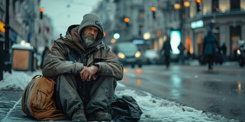 Homeless people on city streets, hungry homeless begging for help and money, Problems of big modern cities, Generative AI