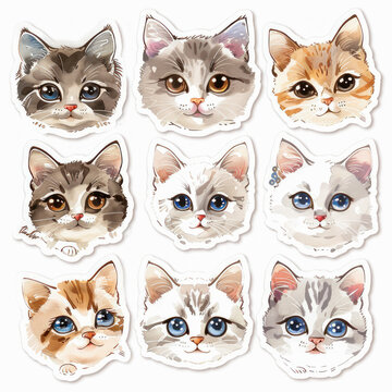 Cute realistic watercolor cats set. Kitten heads cartoon illustration, domestic pet character design. Different kitten breeds illustration. kitty graphics. Pet shop clip art. Sticker set, print, card