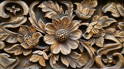 Hand-carved wooden wall panel featuring intricate floral motifs, adding rustic charm to the decor.