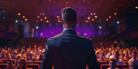 Businessman motivational speaker standing on stage in front of an audience for a speech at conference or business event. Talks about Success, Leadership and How To Be Productive, Generative AI - obrazy, fototapety, plakaty