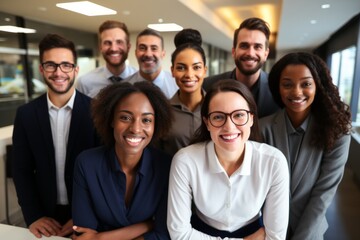 Group of smiling business professionals posing together in an office - obrazy, fototapety, plakaty