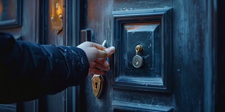 Burglary or thief breaking into a home opens the lock on the door of a country house, theft crime criminal case concept, Burglar breaking into house, Generative AI