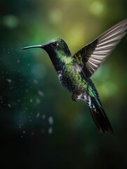 Photograph of hummingbird in flight against soft green background. Hummingbird's wings outspread, its long, thin beak extended. Bird's feathers deep green color with hints of iridescence.