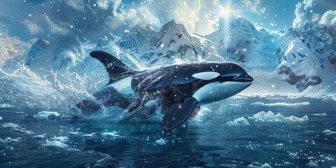 World Oceans Day Save Environment Concept, orca wales jumping out of sea surface, Global warming and preserving life on Earth, The glacier melting and and endangering the wildlife, Generative AI - obrazy, fototapety, plakaty