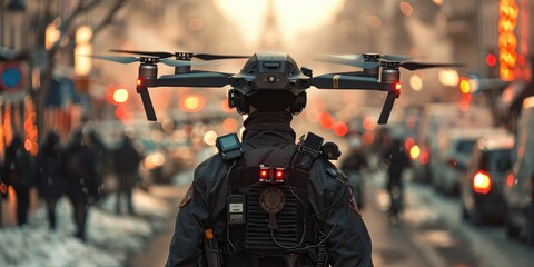 Police officer uses a drone to monitor crowd Control, Cityscape Monitoring, legal services danger, law patrol, Police Officer Expertise in Emergency, Blurred, Generative AI