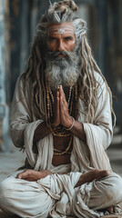  Middle age indian yogi GURU with white beard in india. AI Generative