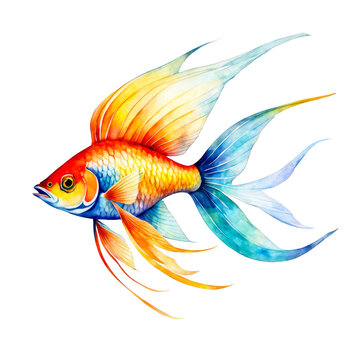 A gold fish watercolor illustration, orange flying fish, clipart, for scrapbook, journal, wall art print, kids picture book , cutout on white background