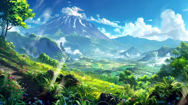 A serene valley nestled in the shadow of an ancient volcano. Fantasy landscape anime or cartoon style, looping 4k video animation background
