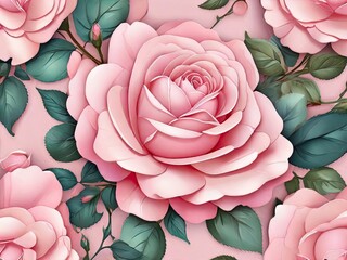Seamless pattern pink rose with petals flowers