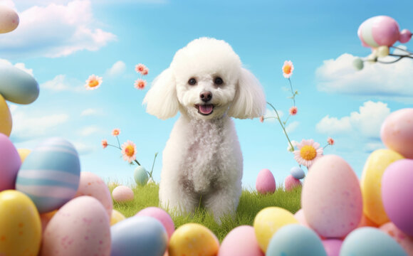 A smiling little puppy poodle dog with easter eggs in the flower field cartoon background