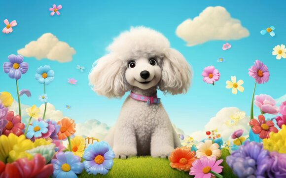 A smiling little puppy poodle dog in the flower field cartoon background