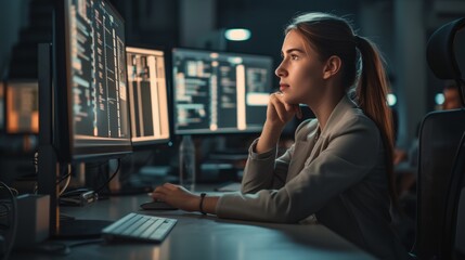 A young woman sits at her computer thoughtfully gazing at the code she is writing. She has her hand on her chin and is wearing a suit. - obrazy, fototapety, plakaty