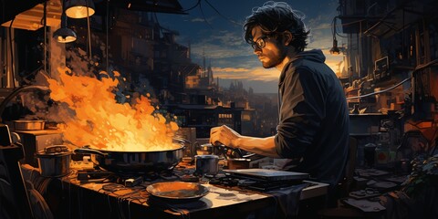 A man is cooking food in a pan with a lot of smoke and fire - obrazy, fototapety, plakaty