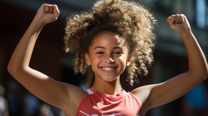 Young girl with curly hair celebrating her victory