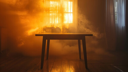 Wooden Table In A Empty Room With Yellow Smoke. Table Template For Presentation Product