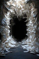 A dark tunnel made of sharp paper shards - obrazy, fototapety, plakaty