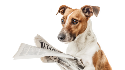 Dog is reading a newspaper with great concentration isolate on transparent background, cutout, png