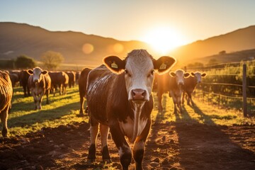 Cows grazing in a lush green field with the sun setting in the background