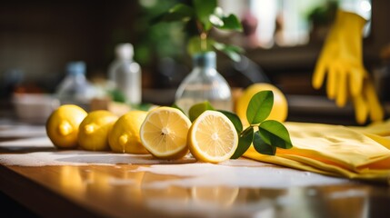 Half Cut Lemons and Lemon Leaves on Table