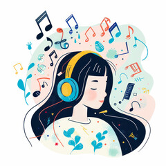 girl in headphones listening to the music flat illustration on white background. Audio books, audio library, meditation, podcast, radio, icon, sticker. Young girl with long hair and listening to music