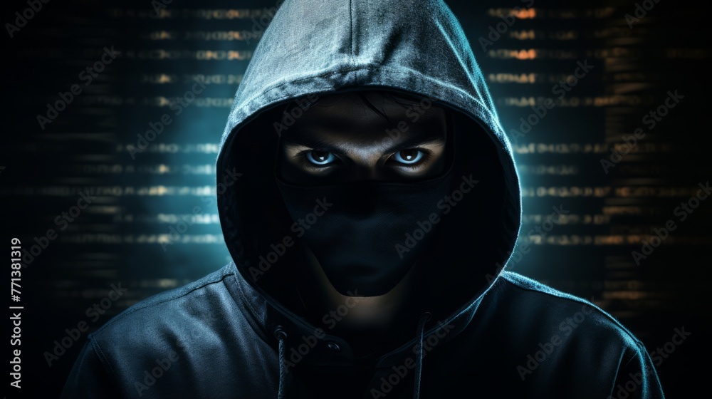 Wall mural a masked man in a black hoodie stands in front of a dark background with green binary code.