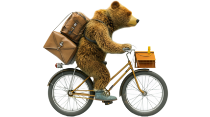 Bear on a bicycle, delivering mail in the neighborhood isolate on transparent background, cutout, png