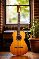 A classical guitar sits on a wooden floor in front of a window.