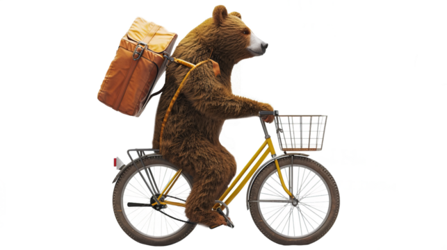 Bear on a bicycle, delivering mail in the neighborhood isolate on transparent background, cutout, png