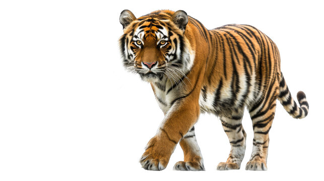 A poised tiger, intensely gazing forward, ready to pounce isolated on white background