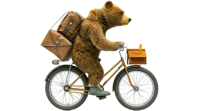 Bear on a bicycle, delivering mail in the neighborhood isolate on transparent background, cutout, png - Powered by Adobe