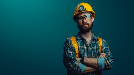 Fototapeta premium Middle-aged miner in a yellow safety helmet and overalls, crossing arms with a stern look against a dark background.