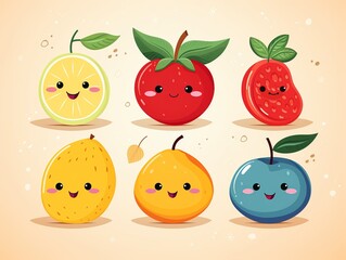 Fototapeta premium A set of cartoon fruits with smiling faces