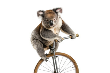 A koala on a unicycle, performing in the circus isolated on white background