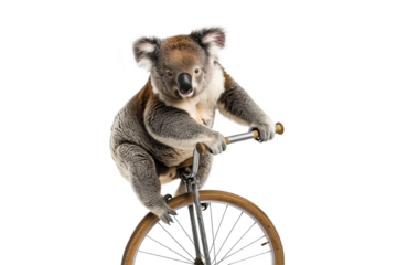 Koala on a unicycle, performing in the circus isolate on transparent background, cutout, png